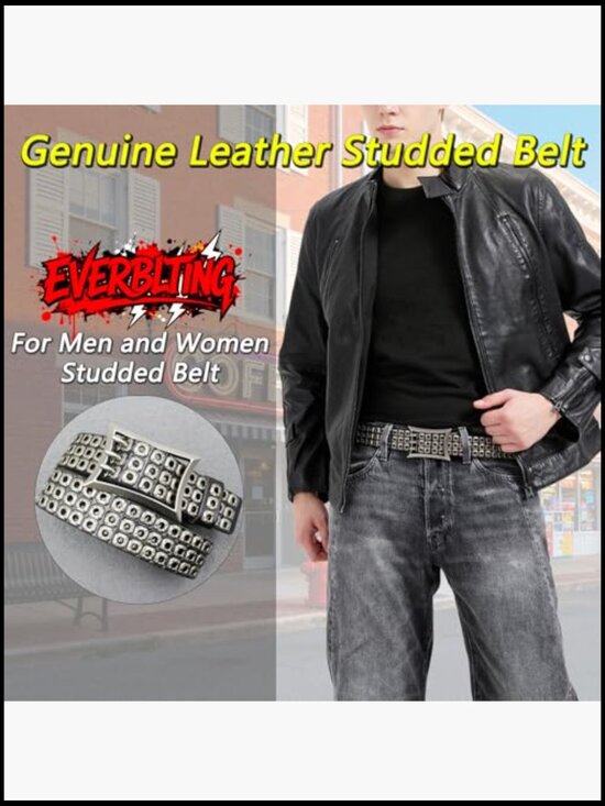 Genuine Leather Studded Punk Belt Three Row Rivets Unisex main image 3